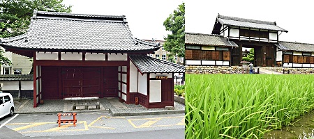 飯田城跡　現存する赤門（左）と移築された八間門（右）